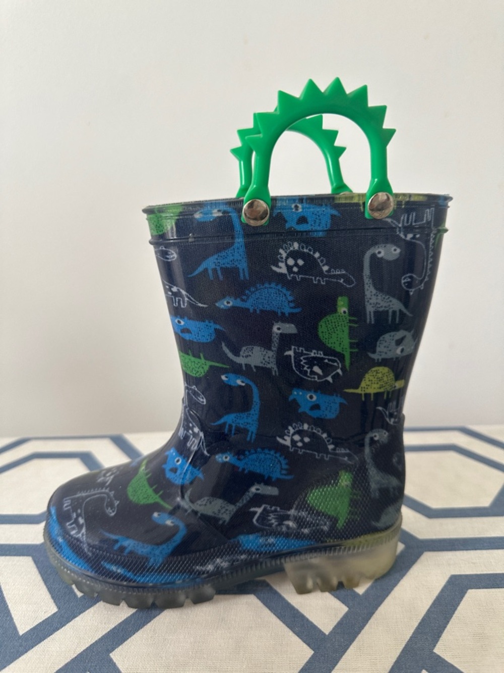 Kids Navy Dinosaur Rain Boots with Green Spiky Handle